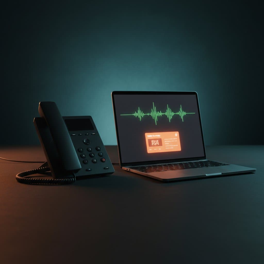 Schreibtisch mit stummem Telefon und leuchtender KI-Oberfläche, die einen eingehenden Anruf verarbeitet