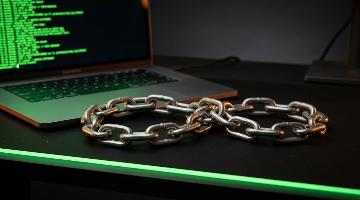Studio-Aufnahme einer geschlossenen Edelstahl-Kette in Endlosschleife neben einem aufgeklappten Laptop mit grünem Terminal-Cursor